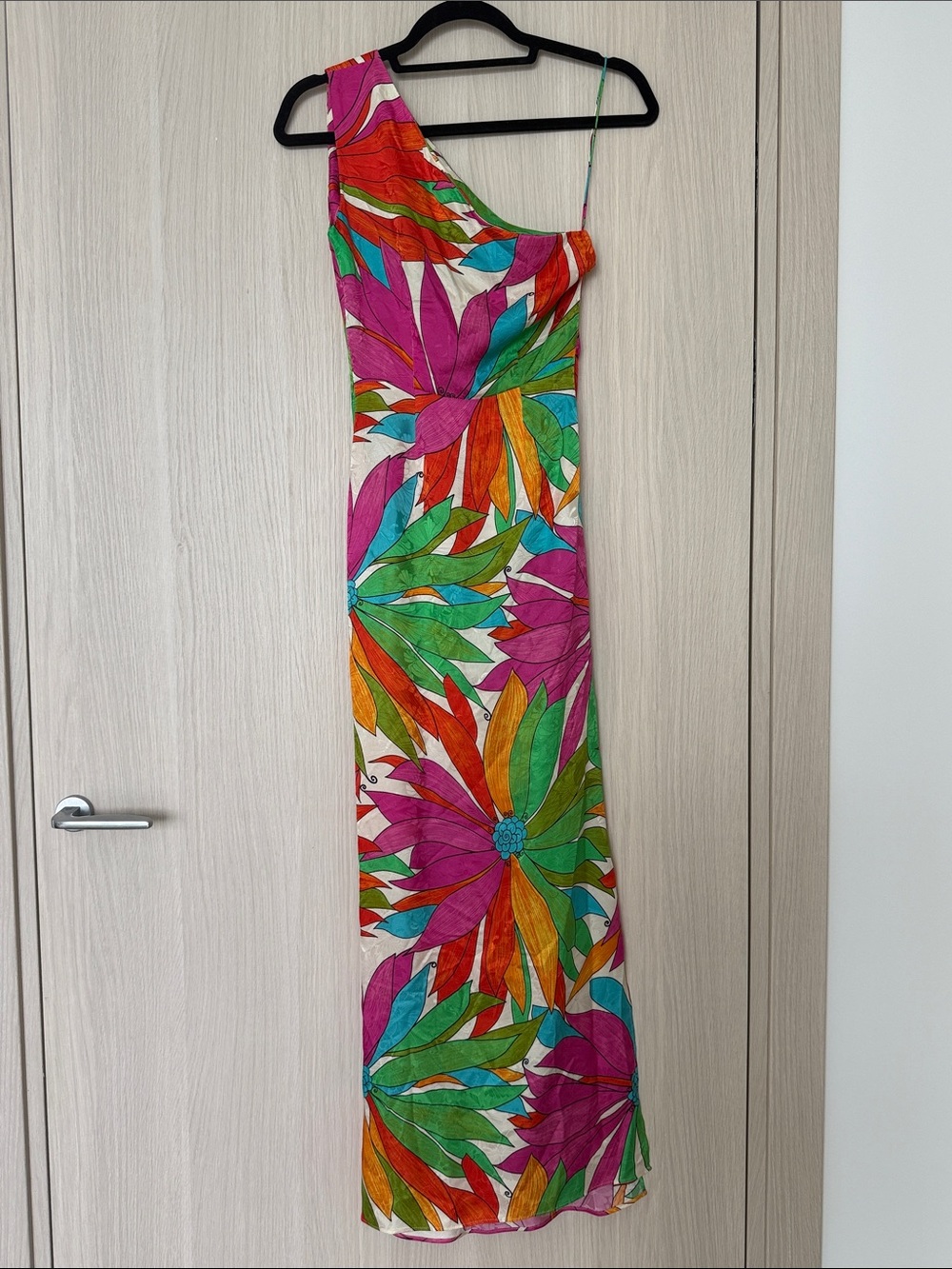 Ronny Kobo Gildo one shoulder silky floral midi dress size XS | vibrant colorful